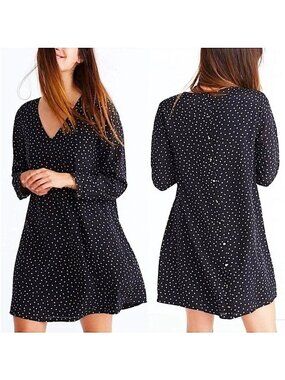 Madewell Black Star Scatter Silk V-Neck Button-Back Long Sleeve Dress Size Large